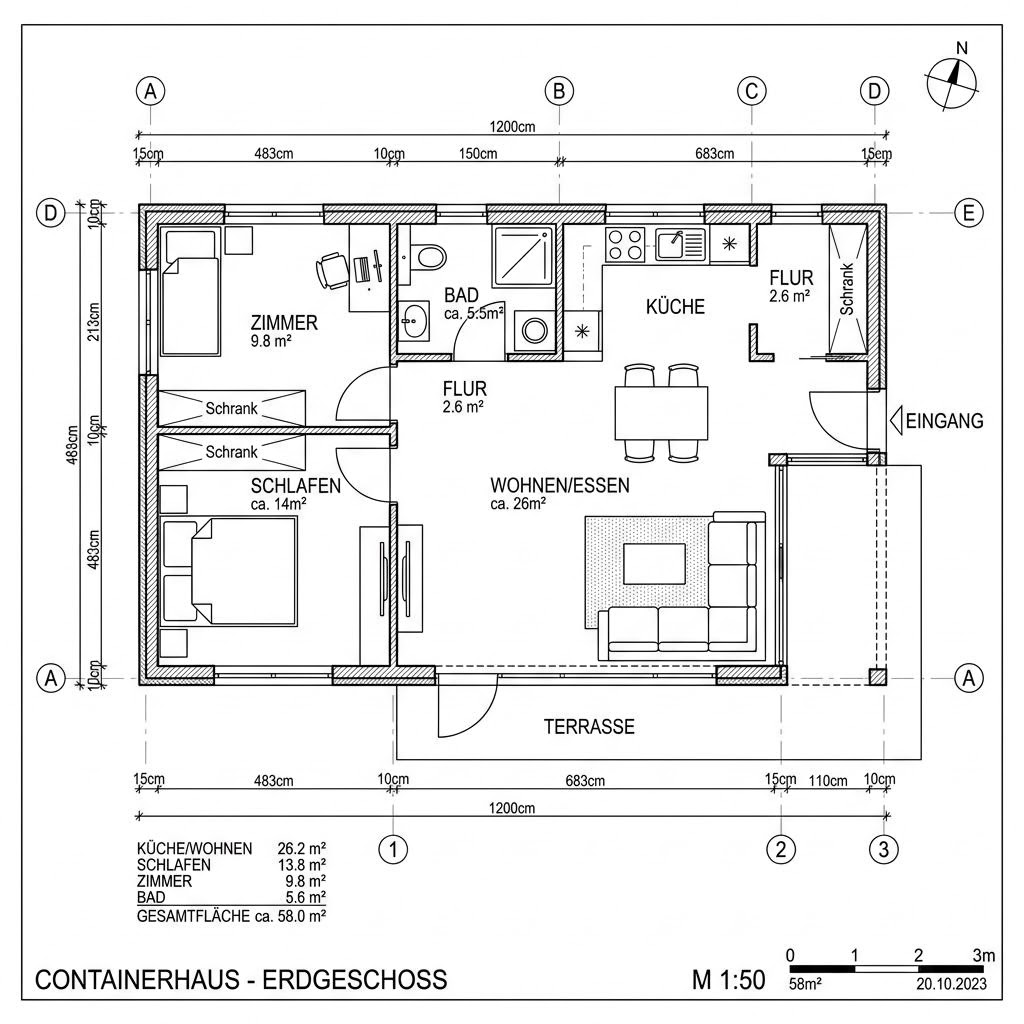 Grundriss Raummodul Wohnen Trio – 58 m² Containerhaus mit 3 Zimmern