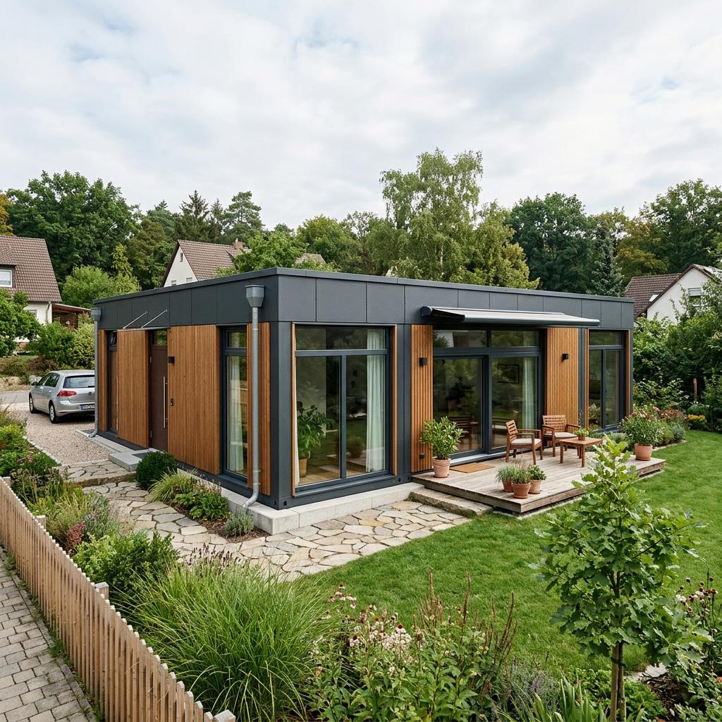 Containerhaus Wohncontainer trio 84 von Containerwerk — Familienhaus aus drei Seecontainern mit Flachdach und 84 m²