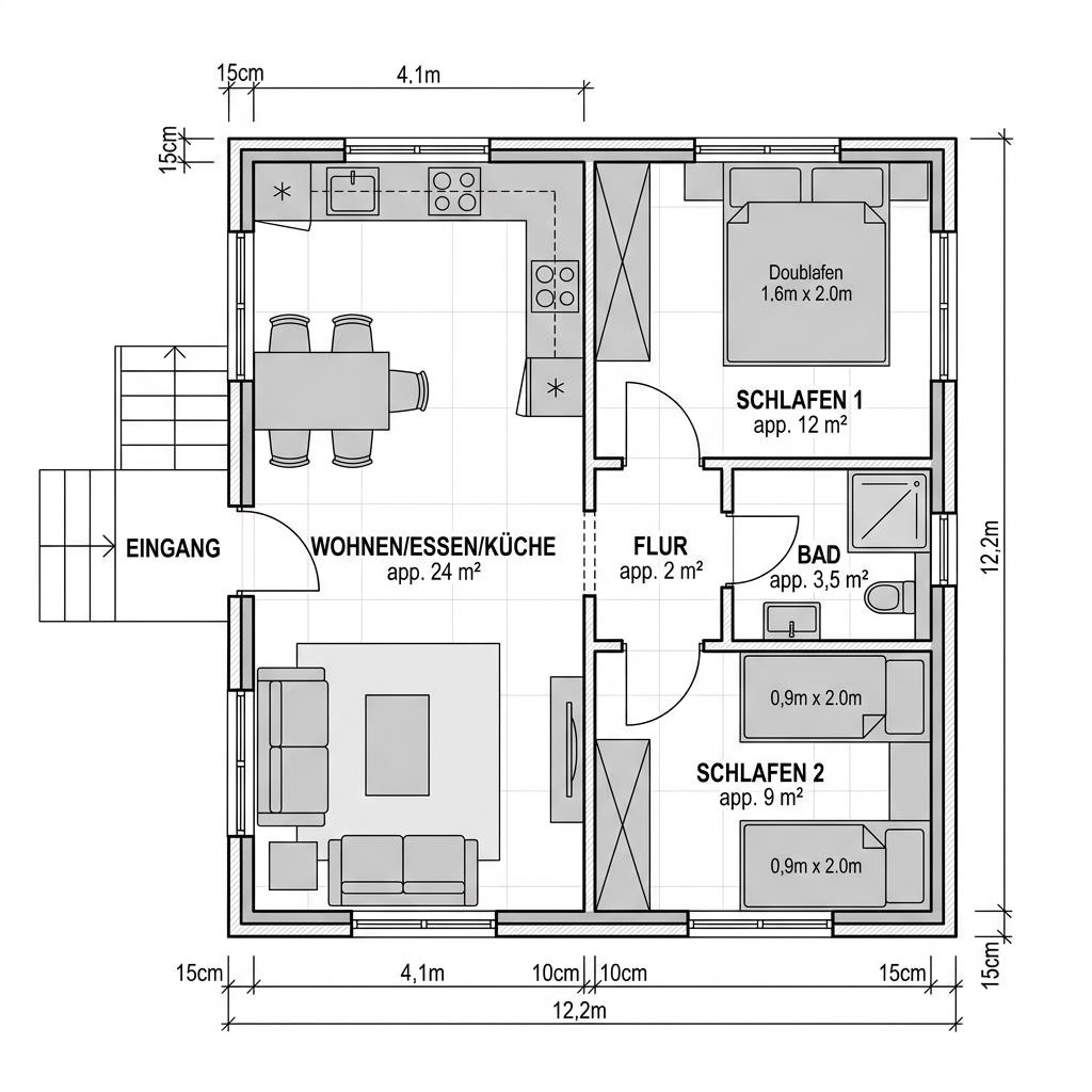 Grundriss Raummodul Wohnen Duo – 50 m² Containerhaus mit 2 Zimmern