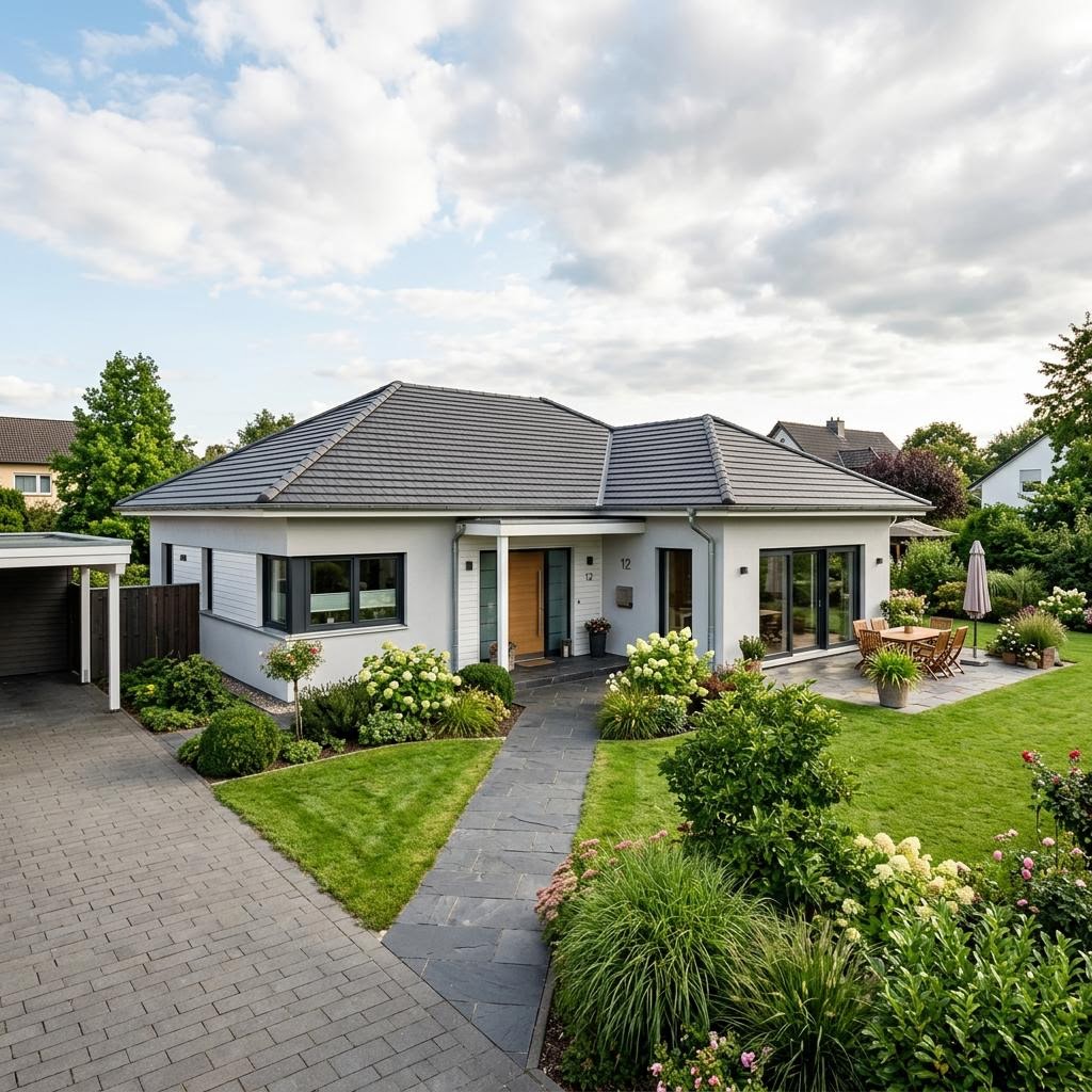 Bungalow-Grundriss 4 Zimmer: ebenerdiger Familien-Bungalow als Neubau, Beispielmotiv