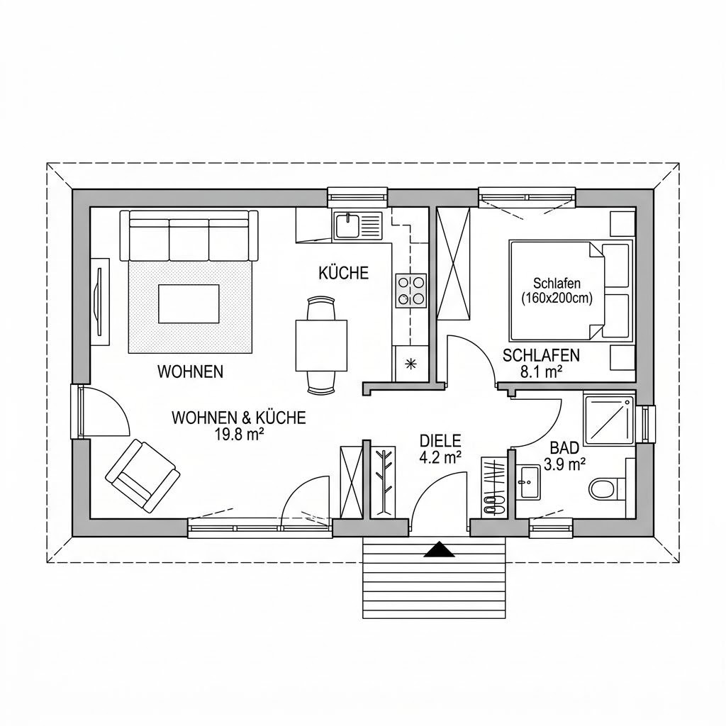 Grundriss Tiny Barn 36 – 36 m² Tiny House mit 2 Zimmern