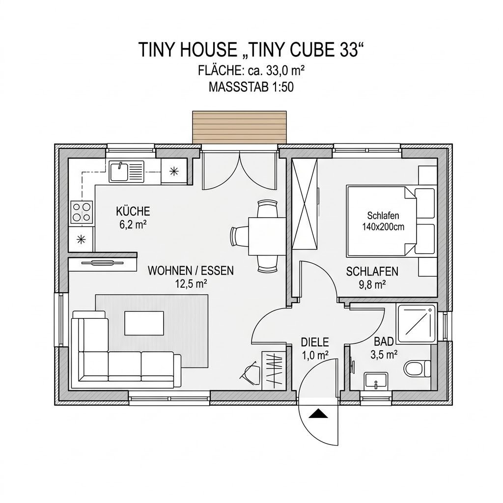 Grundriss Tiny Cube 33 – 33 m² Tiny House mit 2 Zimmern