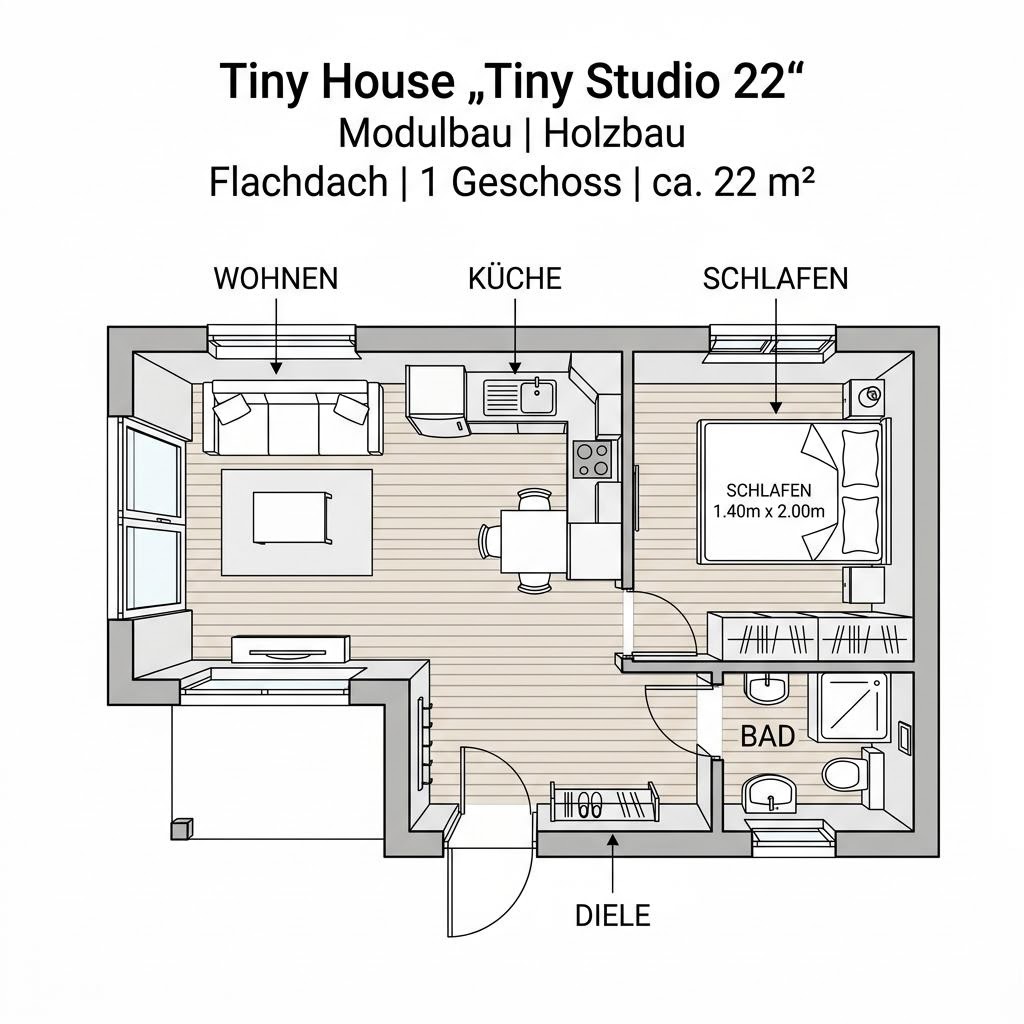 Grundriss Tiny Studio 22 von Dwellii House — 22 m², 1 Zimmer