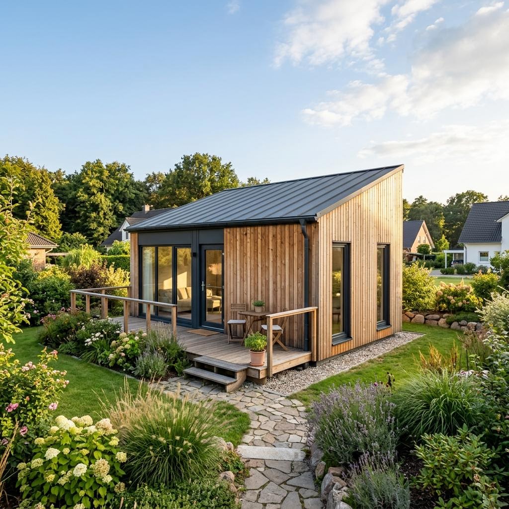 Skandinavisches Tiny House Fjäll 36 von fjorborg mit Pultdach und Holzfassade