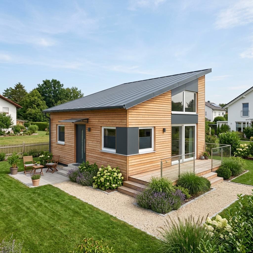 Kleines Fertighaus bis 50.000 € – Beispiel Tiny-/Modulhaus Kleines Fertighaus bis 50.000 €: kompaktes Tiny-Haus als Modul-Neubau, Beispielmotiv