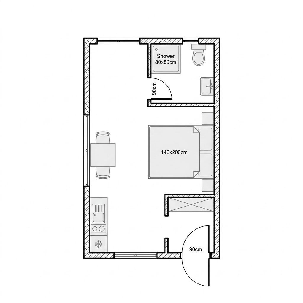 Grundriss ECO A1 – 29 m² Modulhaus mit 1 Zimmern