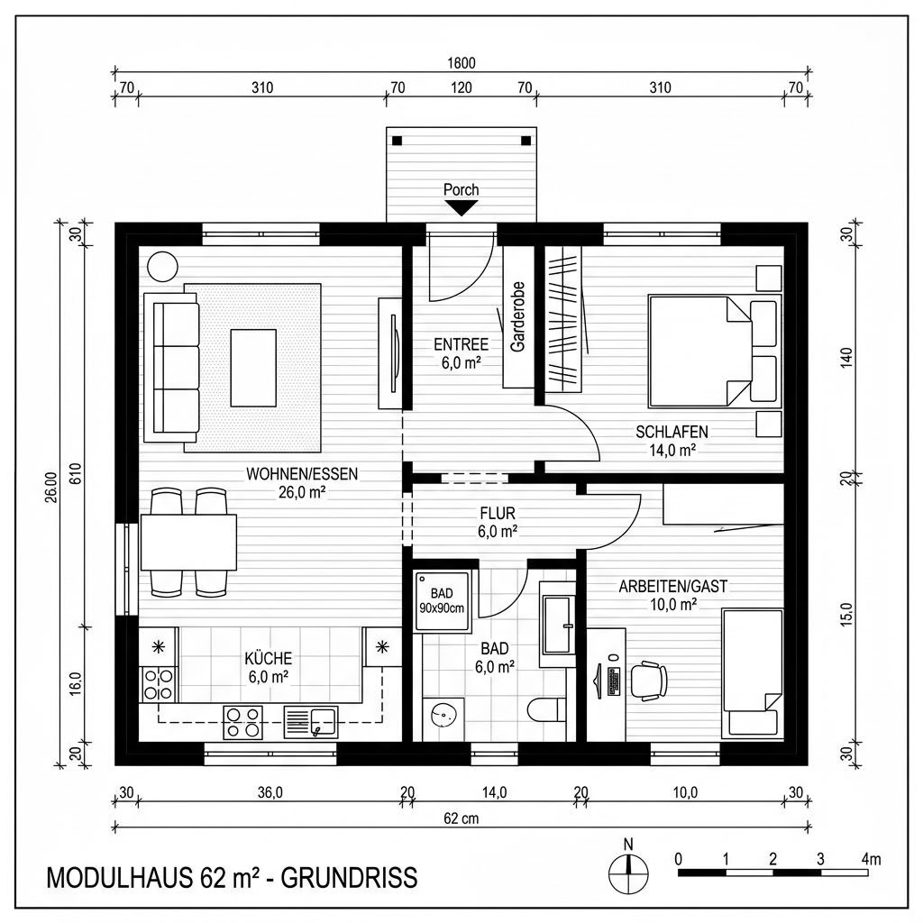 Grundriss ECO C Duo – 62 m² Modulhaus mit 3 Zimmern