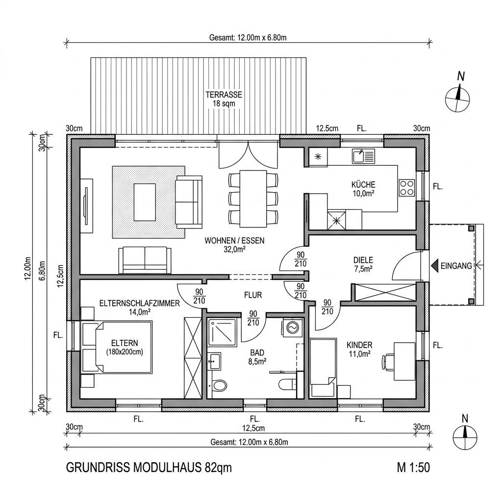Grundriss ECO D Familie – 82 m² Modulhaus mit 4 Zimmern