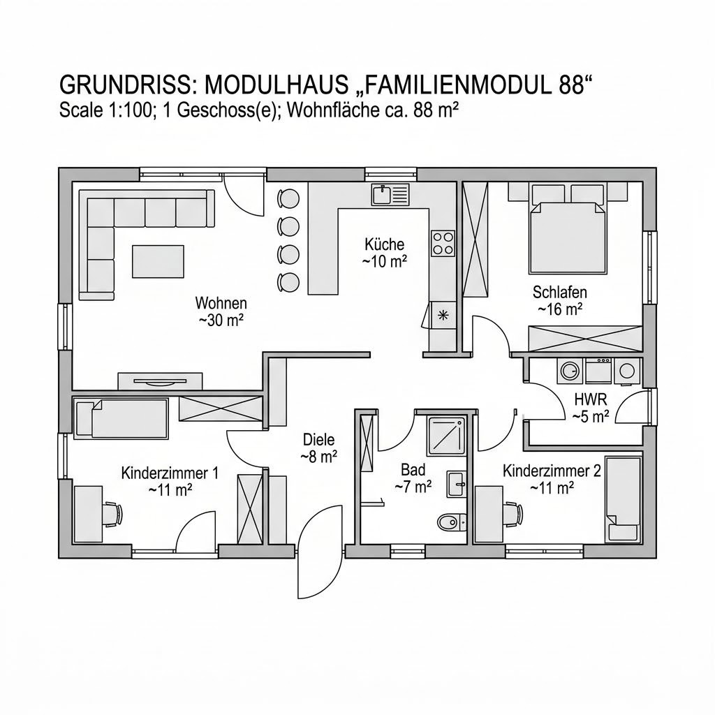 Grundriss Familienmodul 88 – 88 m² Modulhaus mit 4 Zimmern