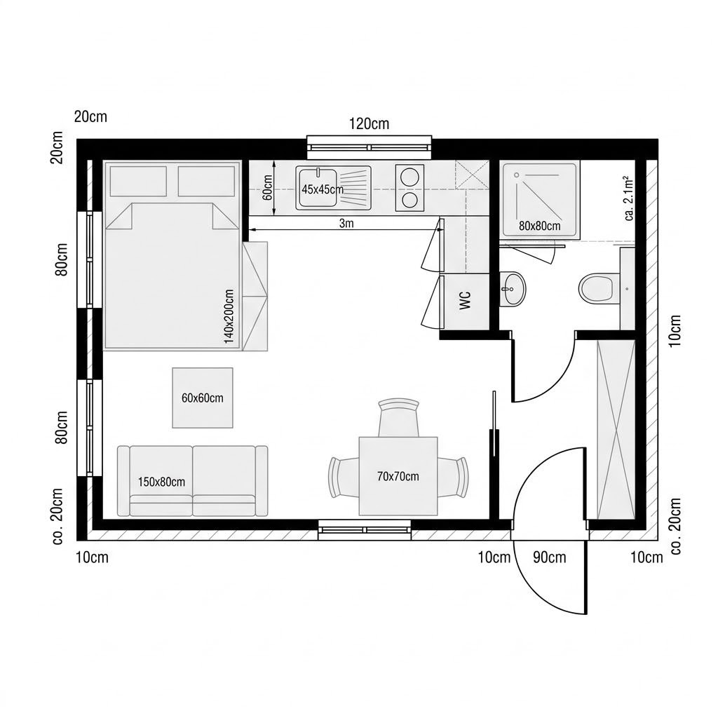 Grundriss McTiny L – 26 m² Tiny House mit 1 Zimmern