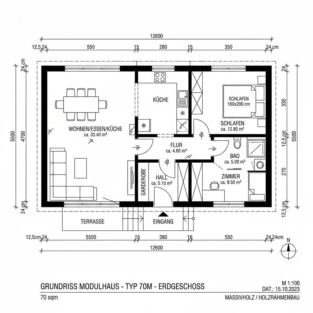 Grundriss Premium Plus – 70 m² Modulhaus mit 3 Zimmern