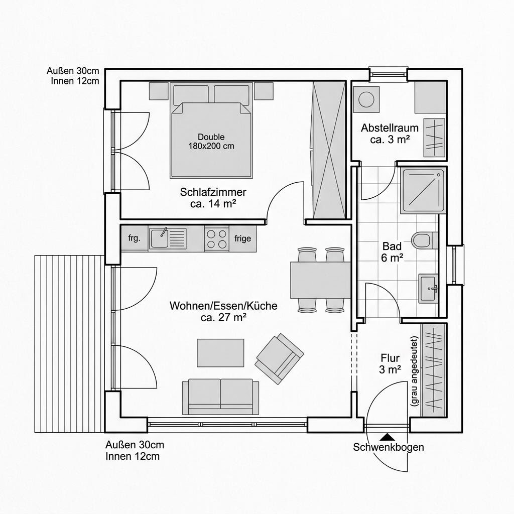 Grundriss Serie C3 – 56 m² Modulhaus mit 2 Zimmern