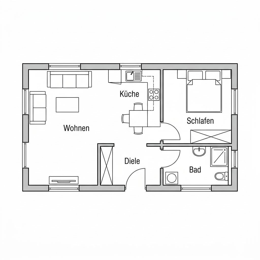 Grundriss Solo Modul 45 – 45 m² Modulhaus mit 2 Zimmern