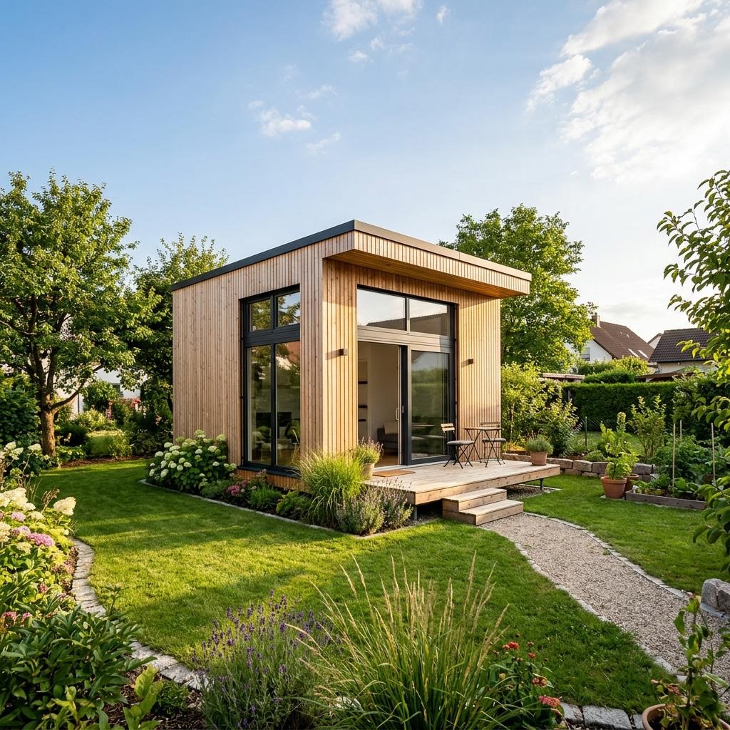 Minimalistisches Tiny House Solo 28 von mccube im Würfelformat mit Flachdach