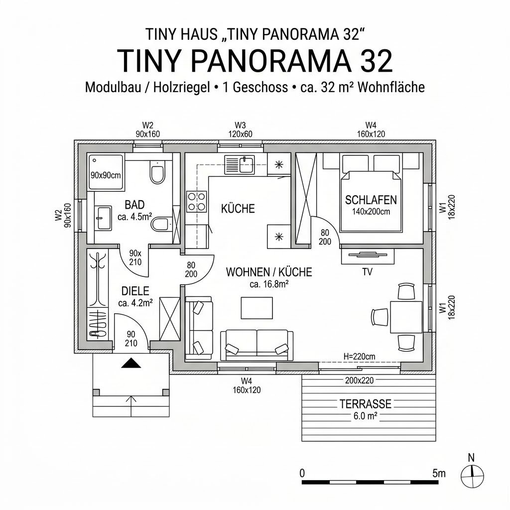 Grundriss Tiny Panorama 32 von McCube — 32 m², 2 Zimmer