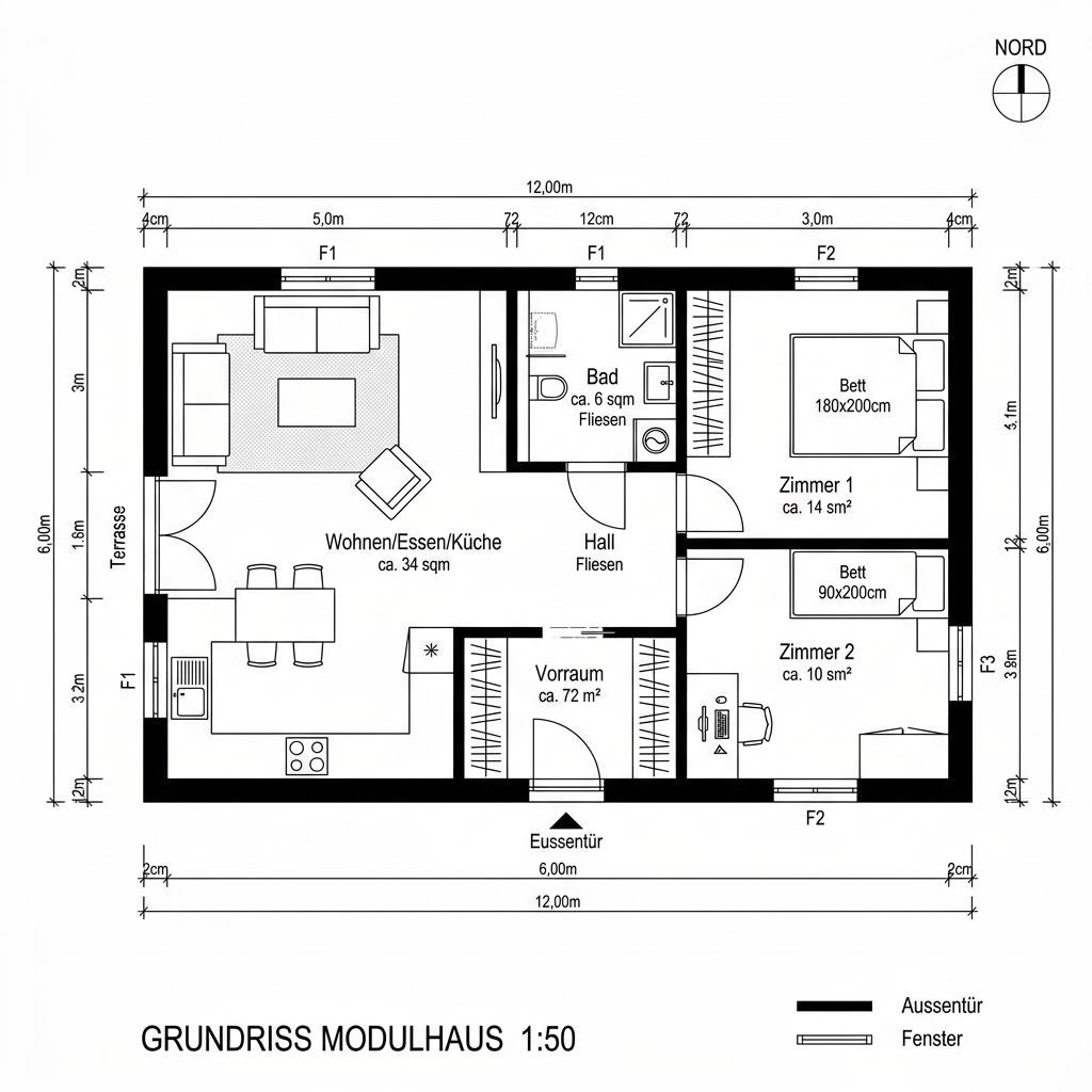 Grundriss Modulhaus Flex 72 von CABIN ONE — 72 m², 3 Zimmer