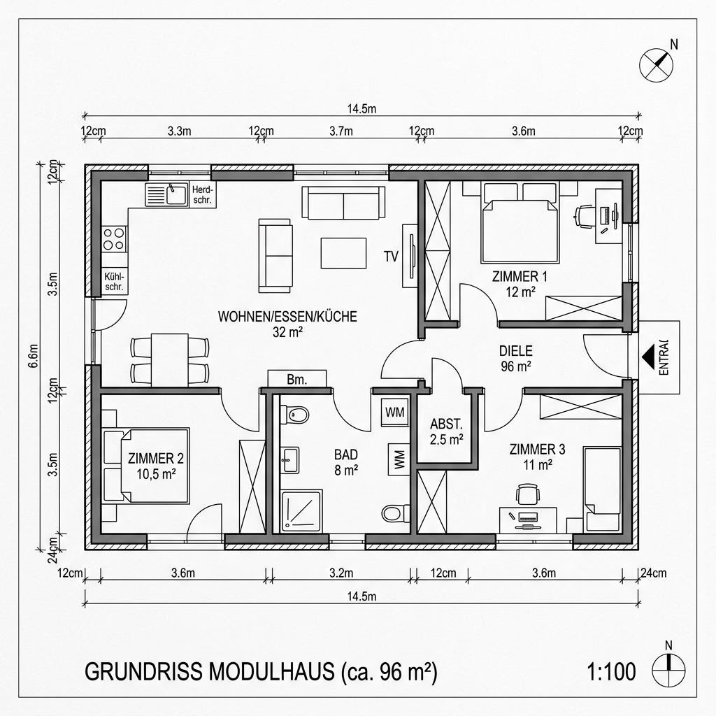 Grundriss Modulhaus Flex 96 – 96 m² Modulhaus mit 4 Zimmern