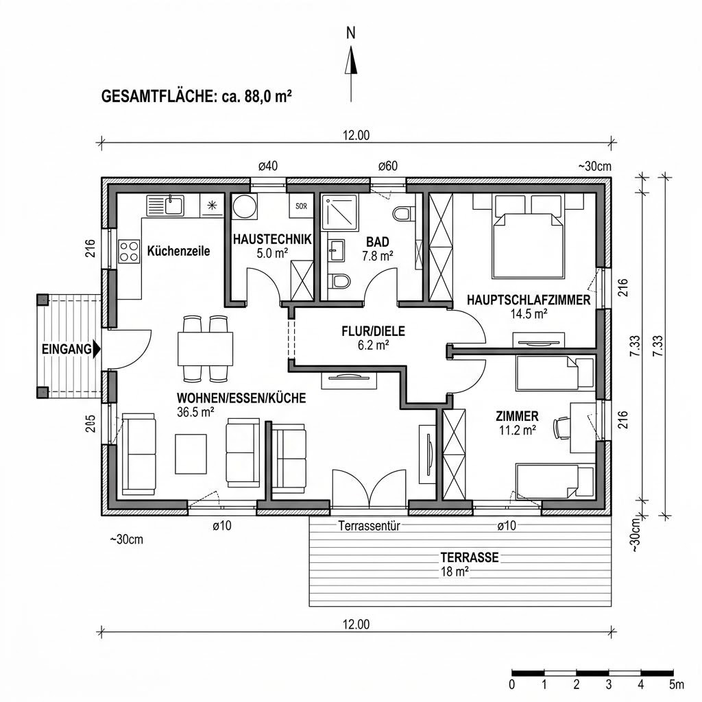 Grundriss Modulhaus Hof 88 – 88 m² Modulhaus mit 3 Zimmern