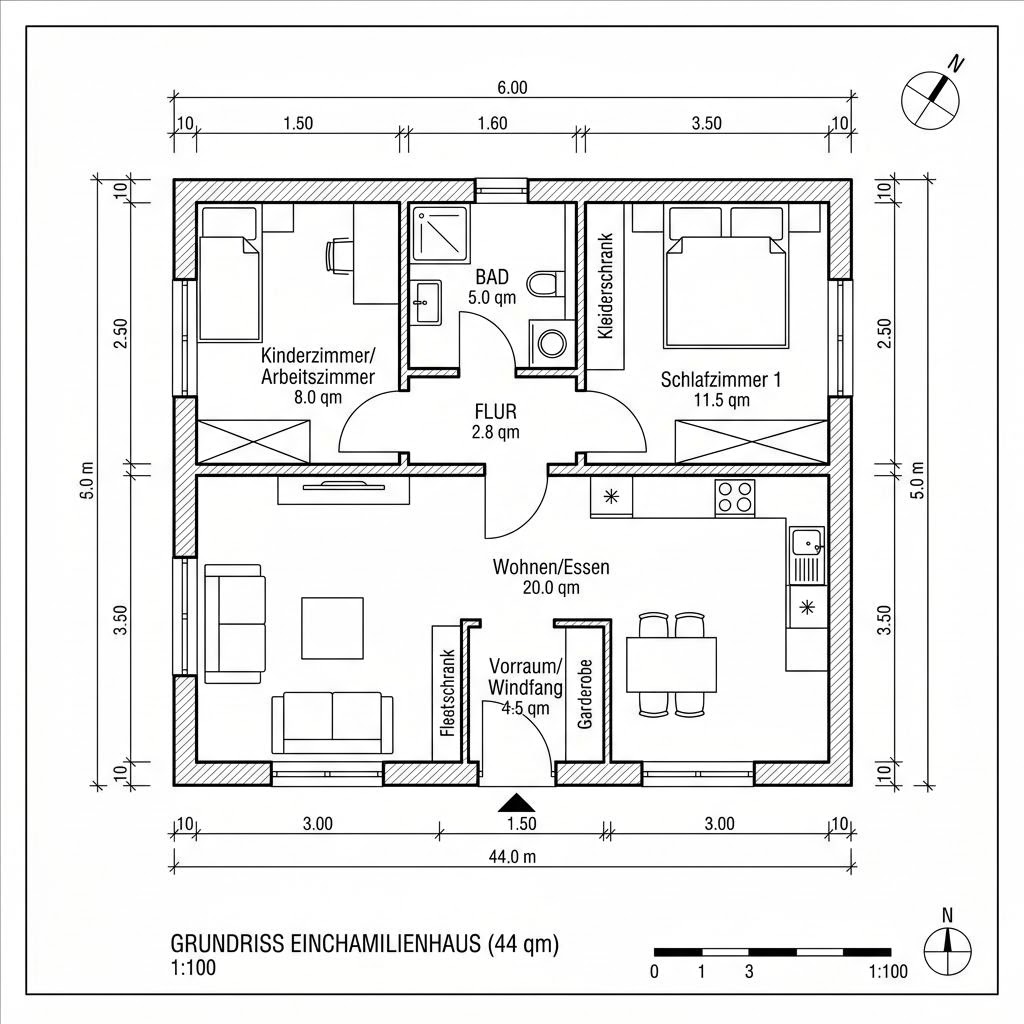 Grundriss COMMOD Modul Anbau 44 von Commod-Haus — 44 m², 2 Zimmer