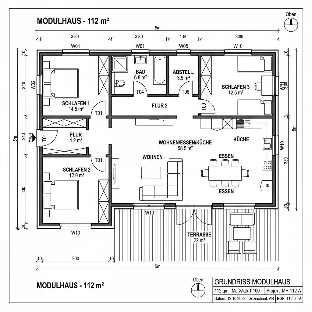 Grundriss COMMOD Modul Duo 112 – 112 m² Modulhaus mit 4 Zimmern