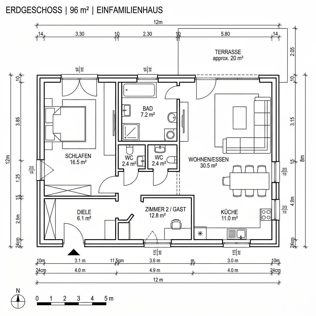 Grundriss COMMOD Modul Duo 96 – 96 m² Modulhaus mit 3 Zimmern