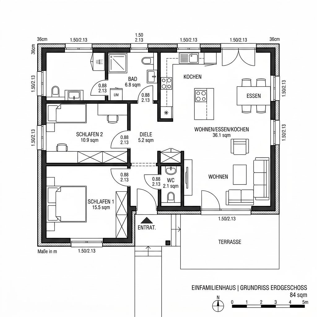 Grundriss COMMOD Modul Family 84 – 84 m² Modulhaus mit 3 Zimmern