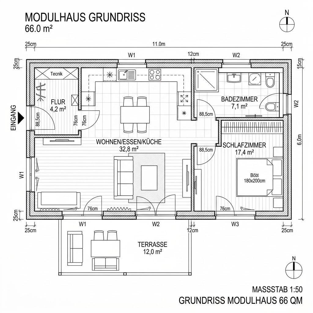 Grundriss COMMOD Modul Line 66 – 66 m² Modulhaus mit 2 Zimmern
