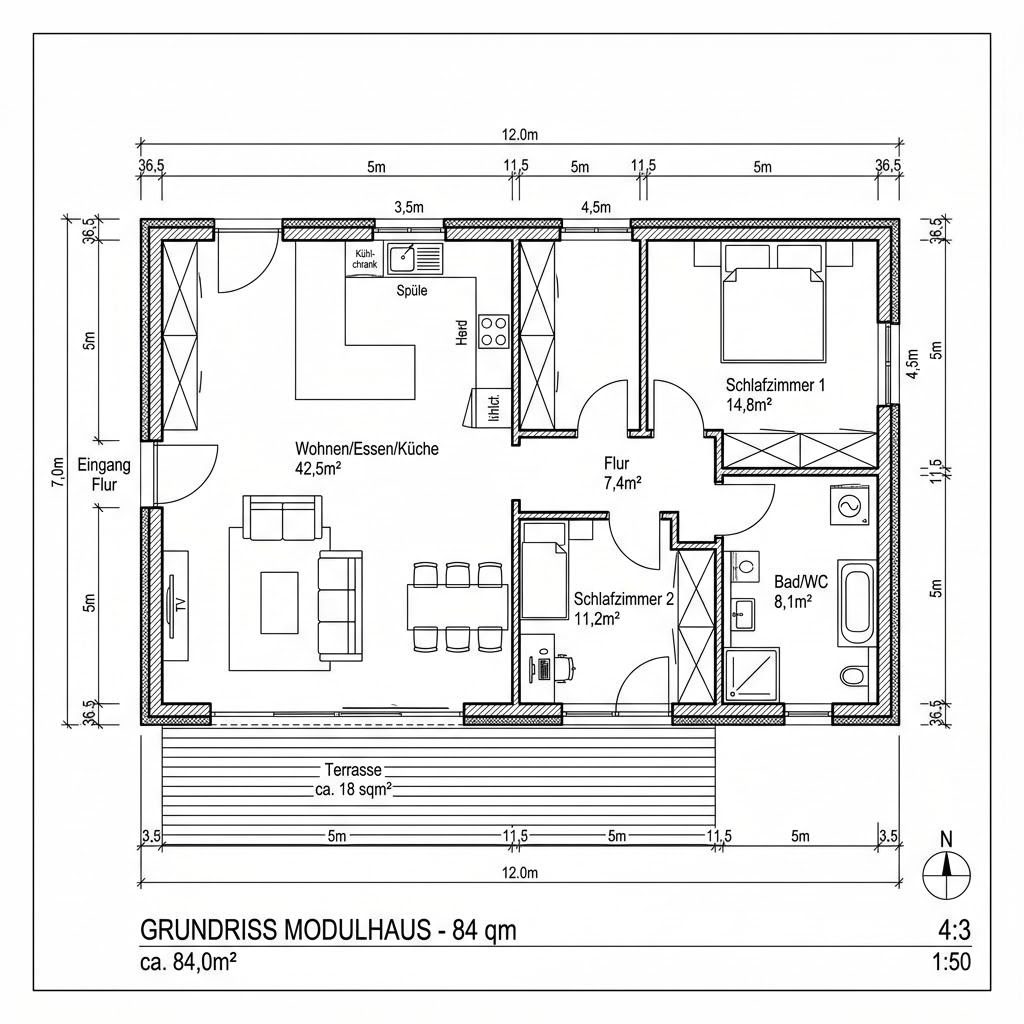 Grundriss COMMOD Modul Living 84 – 84 m² Modulhaus mit 3 Zimmern