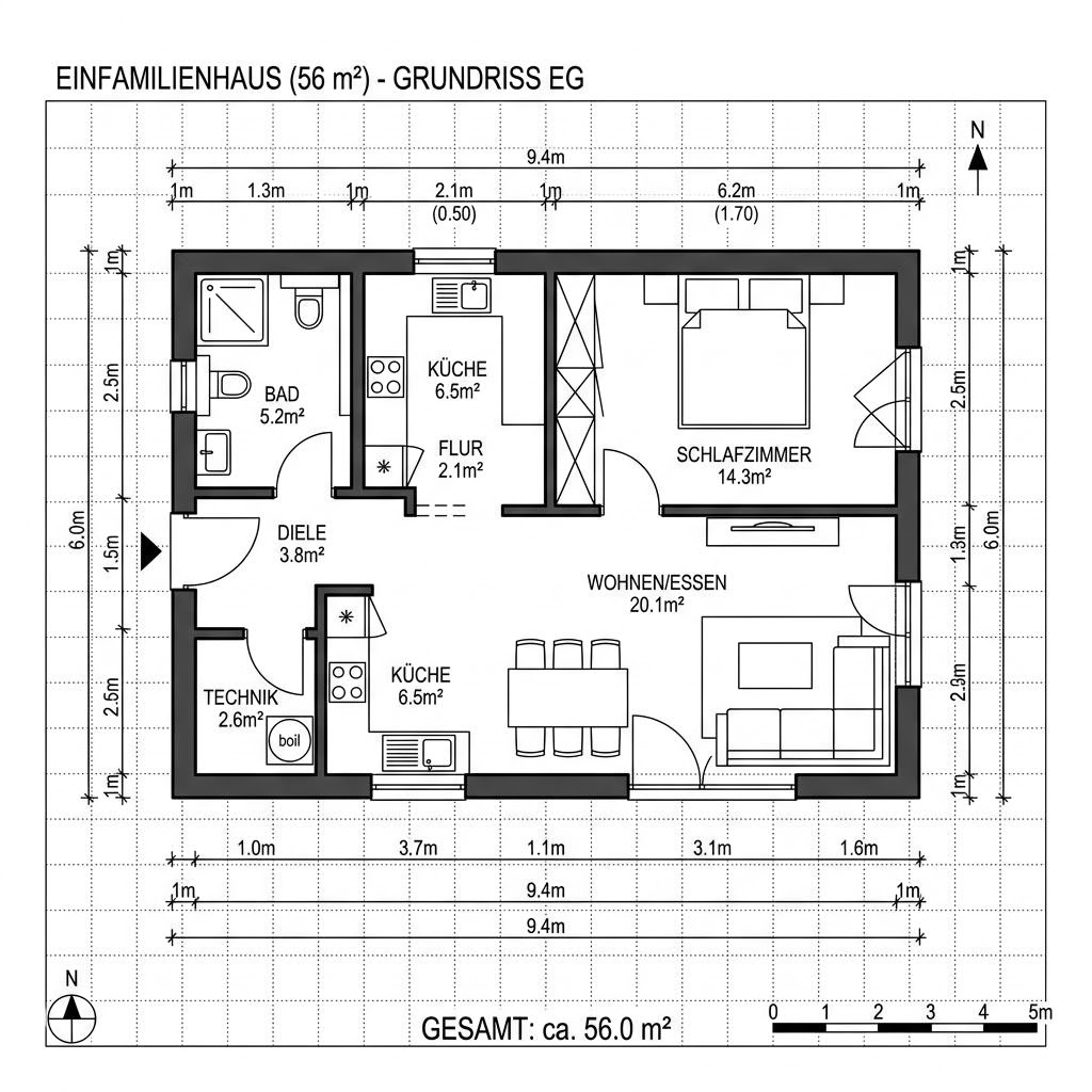Grundriss COMMOD Modul Single 56 von Commod-Haus — 56 m², 2 Zimmer
