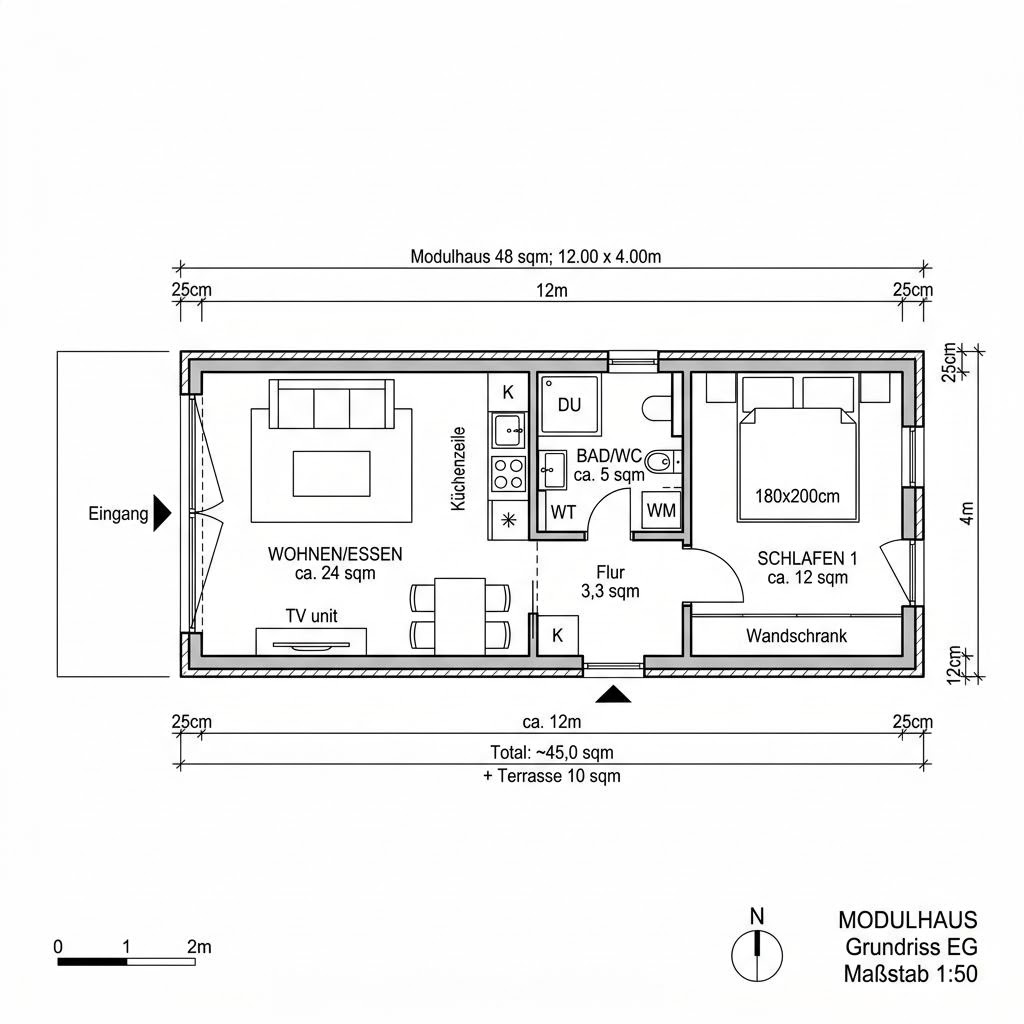 Grundriss COMMOD Modul Solo 48 von Commod-Haus — 48 m², 2 Zimmer
