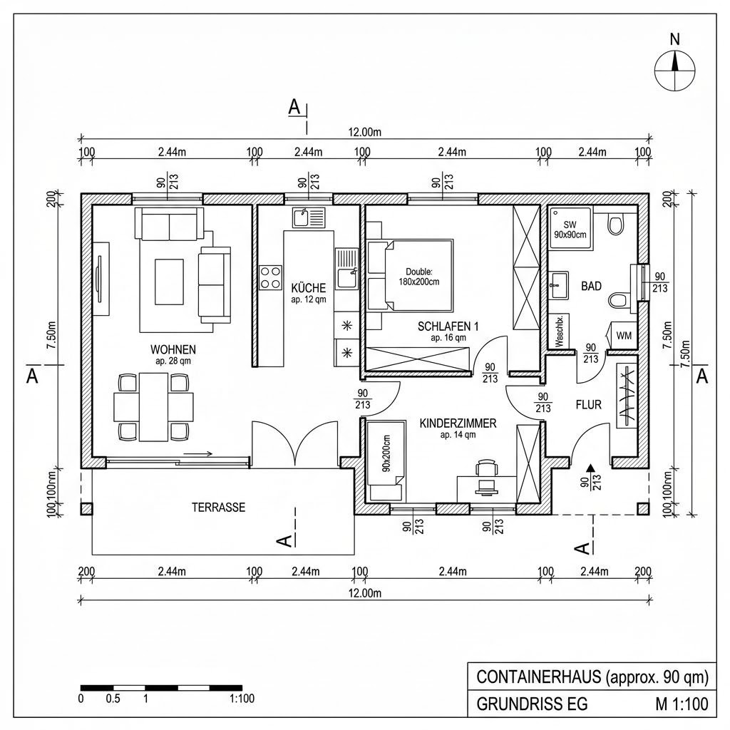 Grundriss Container Duo 90 – 90 m² Containerhaus mit 4 Zimmern