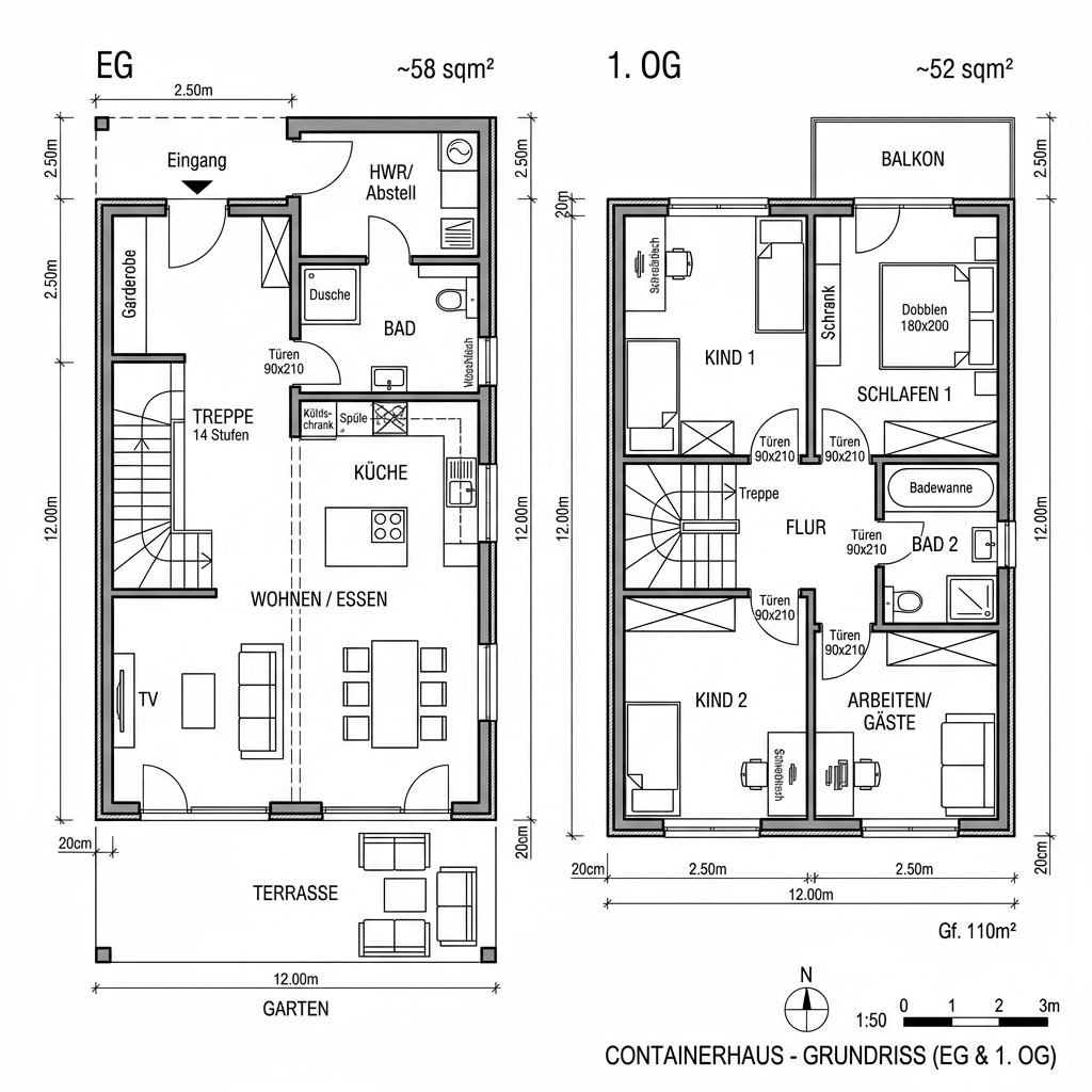 Grundriss Container Stack 110 – 110 m² Containerhaus mit 5 Zimmern