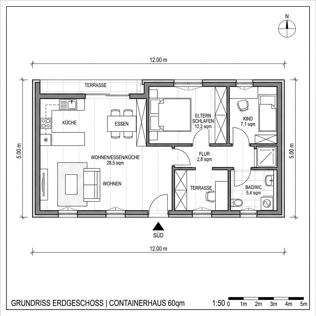 Grundriss Wohncontainer W10 von Conliving — 60 m², 3 Zimmer