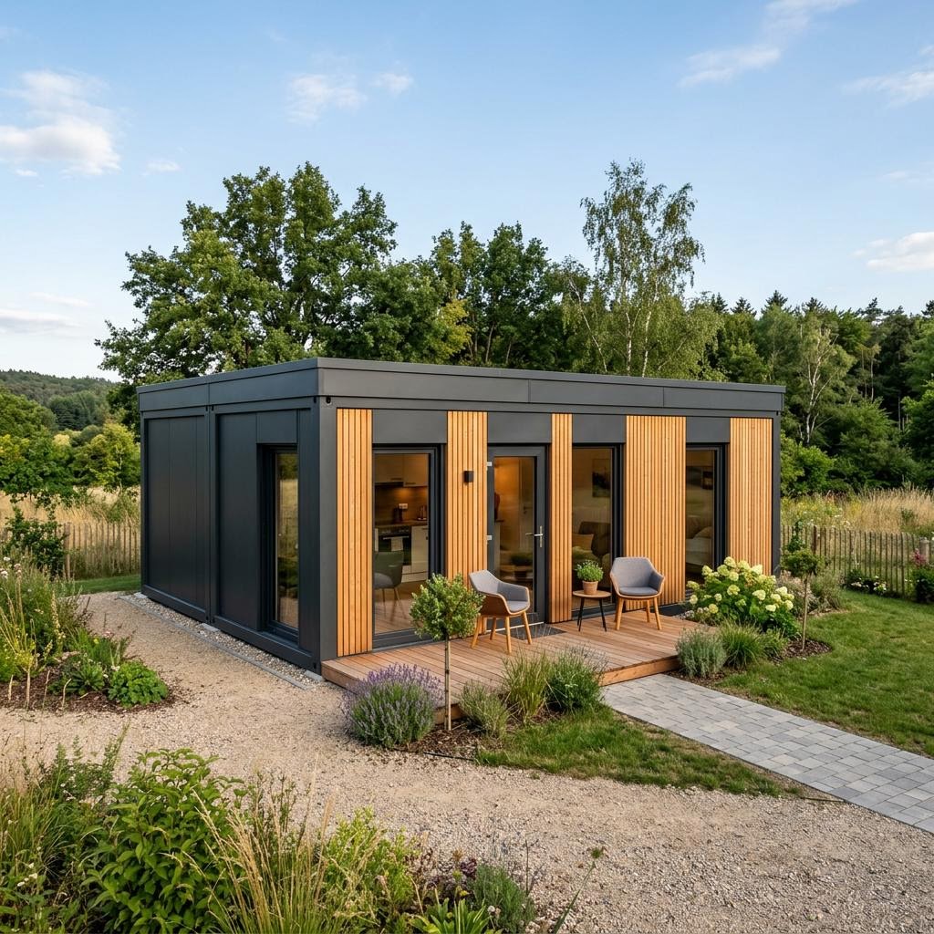 Containerhaus Wohncontainer W5 von Conliving mit Flachdach — Modulbau mit drei Zimmern auf 36 m²