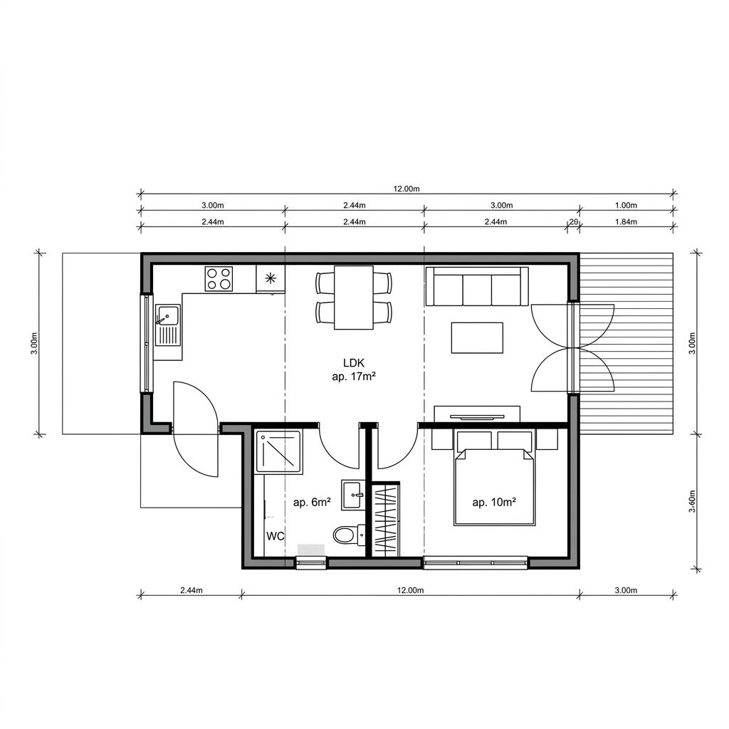 Grundriss Wohncontainer W5 – 36 m² Containerhaus mit 3 Zimmern