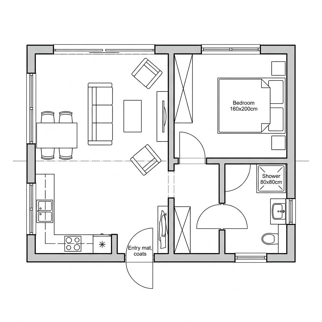 Grundriss Wohncontainer W6 – 44 m² Containerhaus mit 2 Zimmern