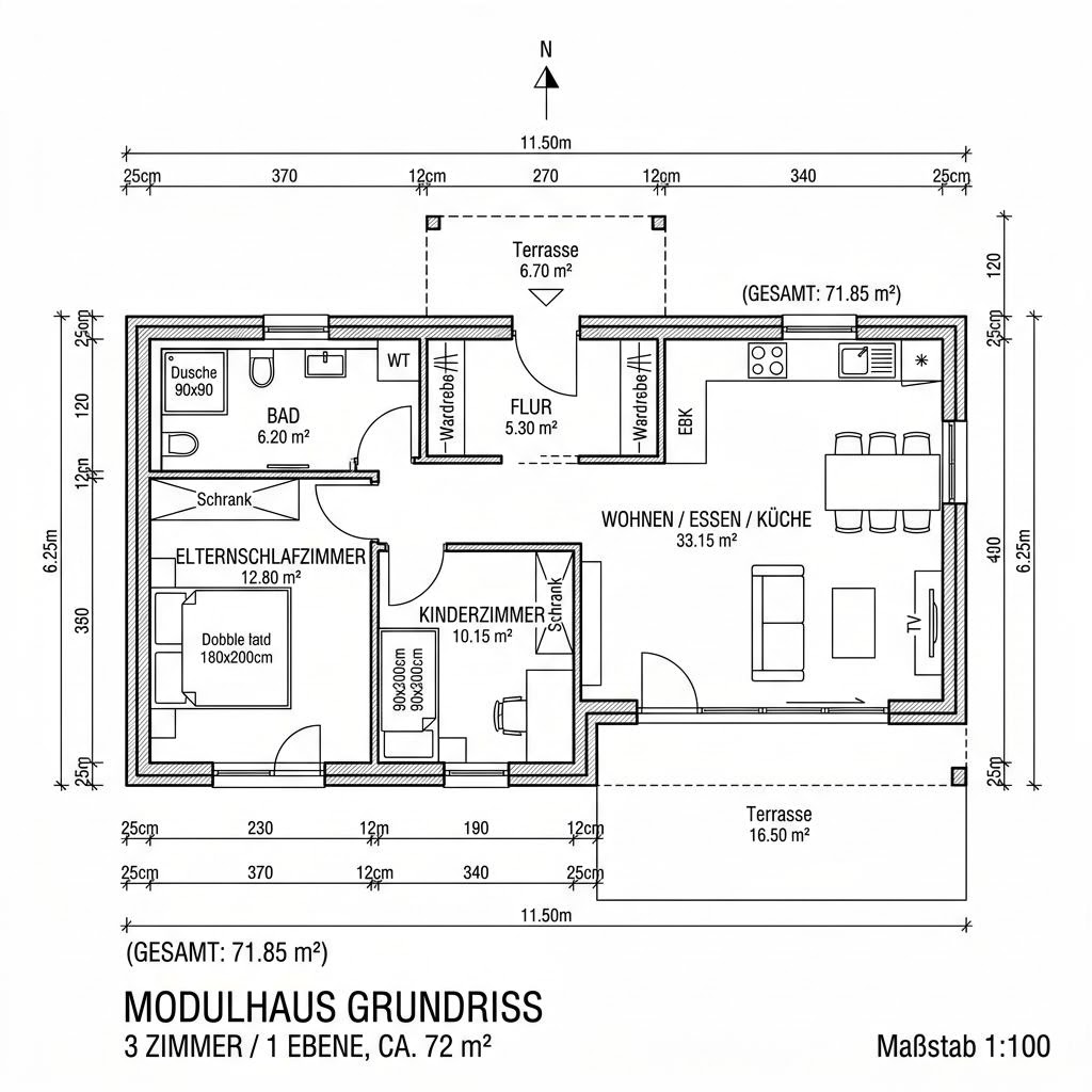 Grundriss Wohnmodul L-72 von Conliving — 72 m², 3 Zimmer