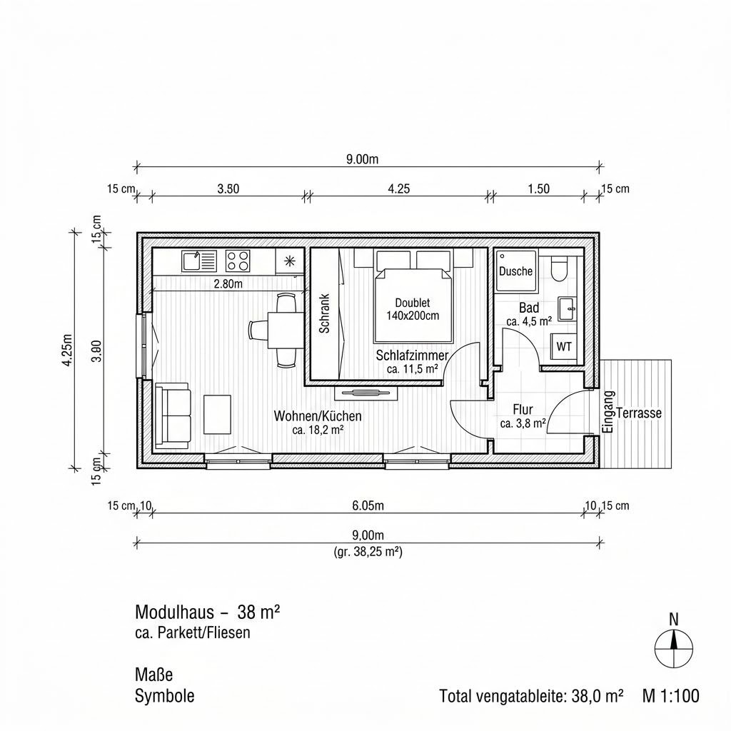 Grundriss Wohnmodul S-38 von Conliving — 38 m², 2 Zimmer
