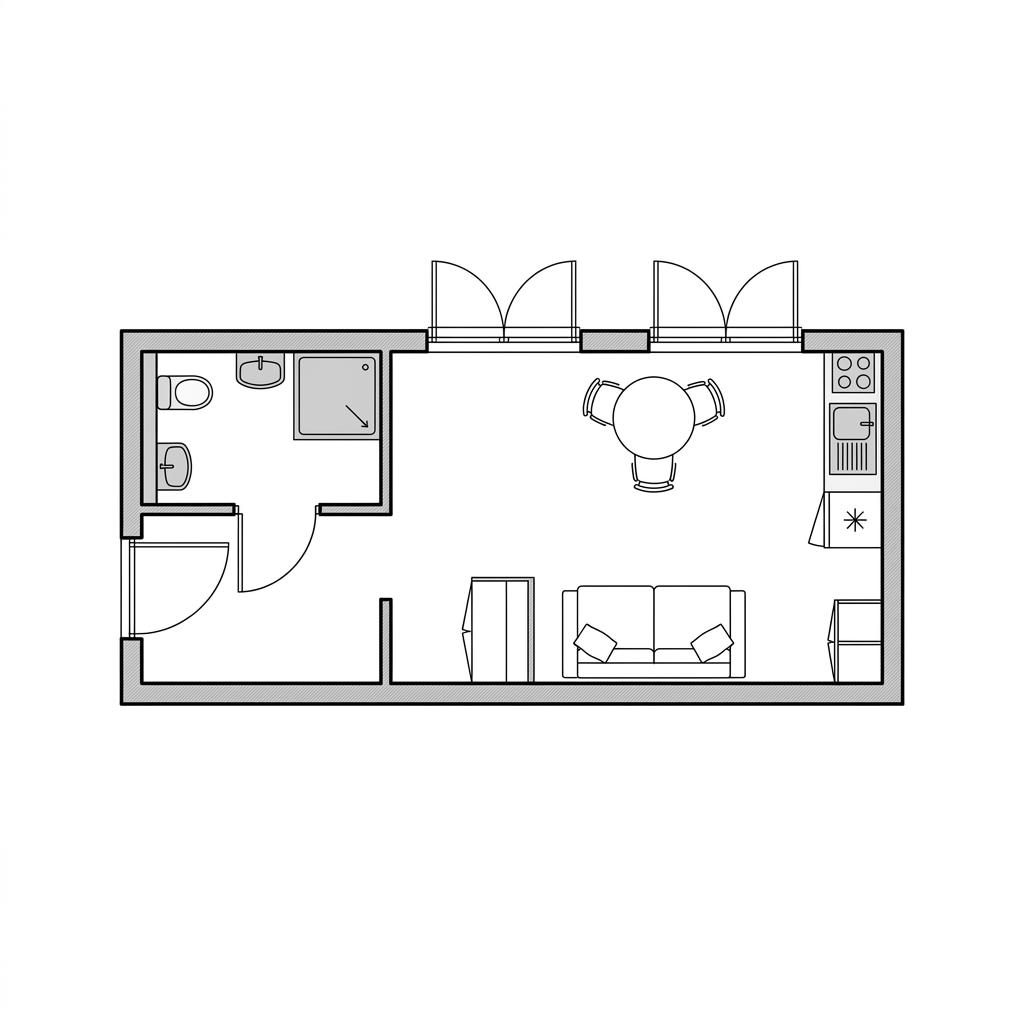 Grundriss Baumodul – 30 m² Containerhaus mit 1 Zimmern
