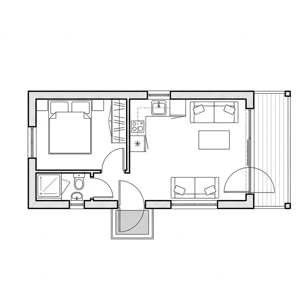 Grundriss Raummodul Universelles Wohnen – 25 m² Containerhaus mit 1 Zimmern
