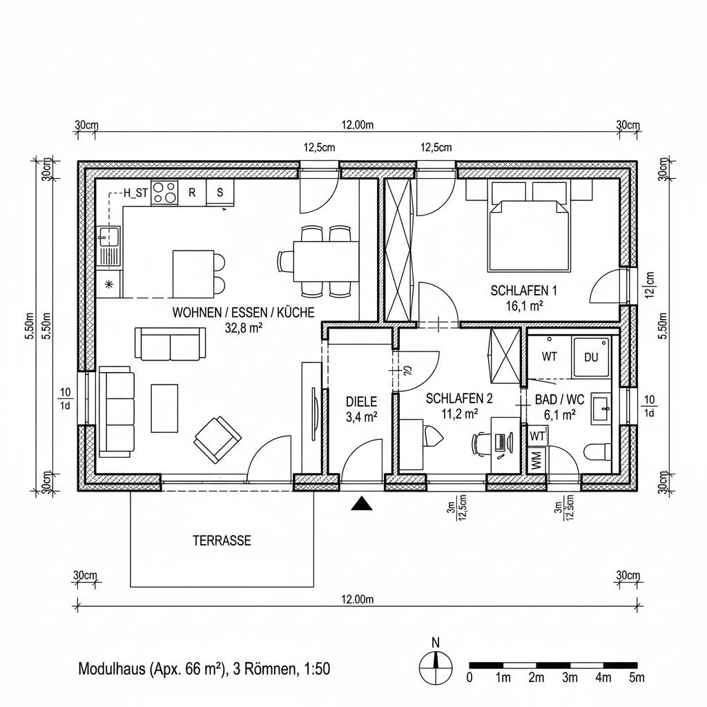 Grundriss Modul Hav 66 – 66 m² Modulhaus mit 3 Zimmern