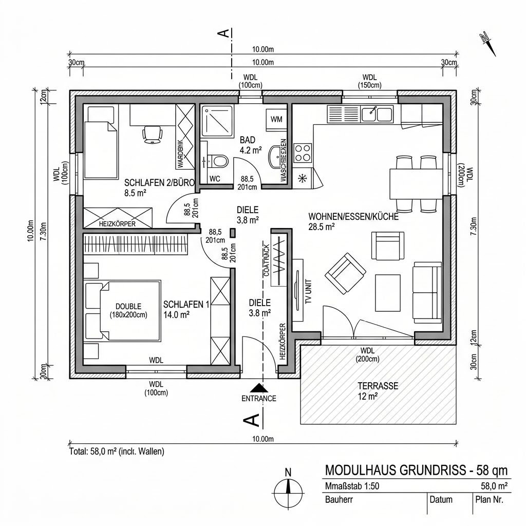 Grundriss Modul Nordic 58 – 58 m² Modulhaus mit 3 Zimmern