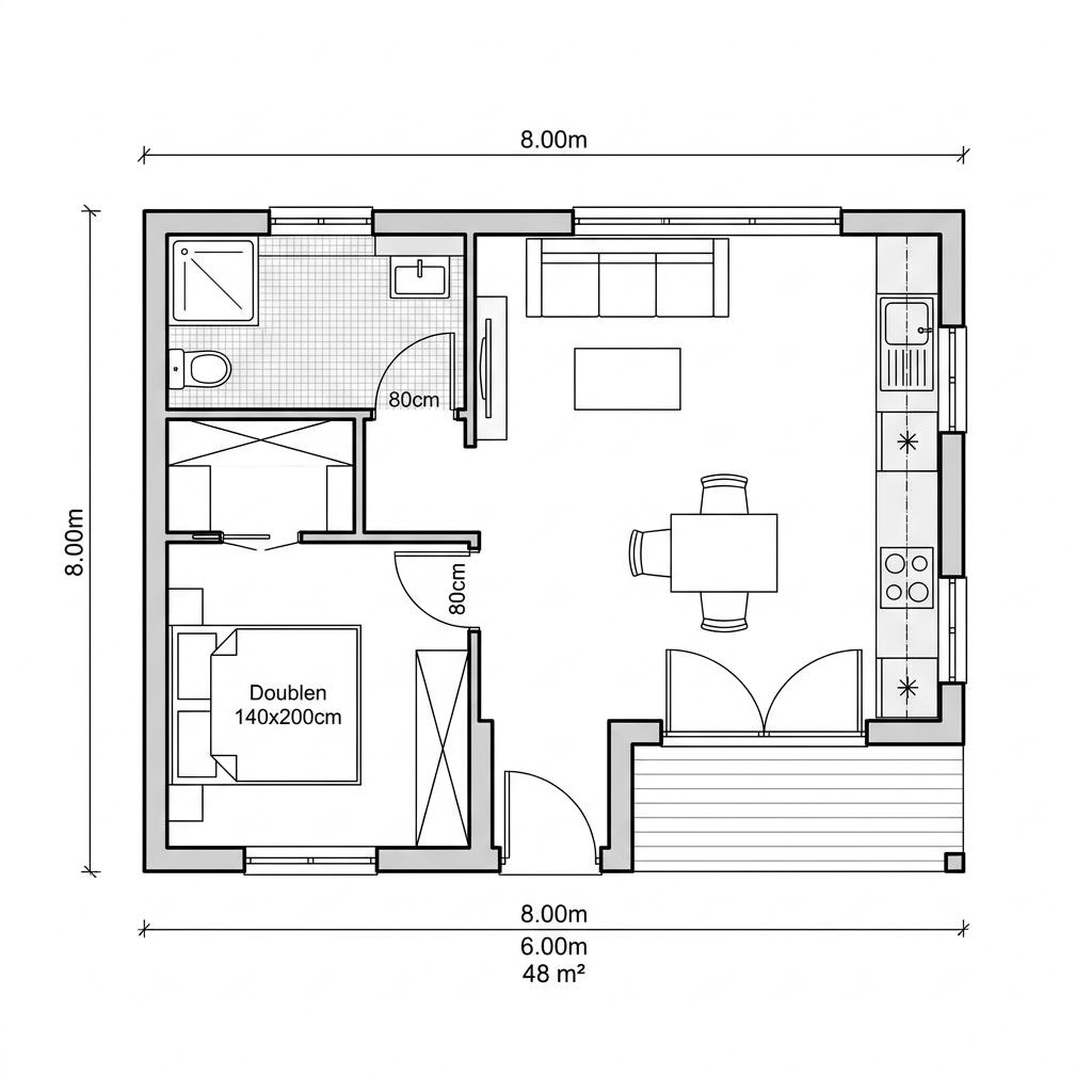 Grundriss Modulhaus TR 02 – 48 m² Tiny House mit 2 Zimmern