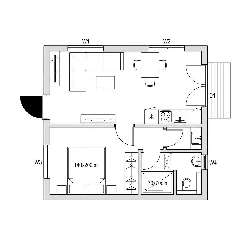 Grundriss Tiny Haus Dwellii TR#01 – 33 m² Tiny House mit 2 Zimmern