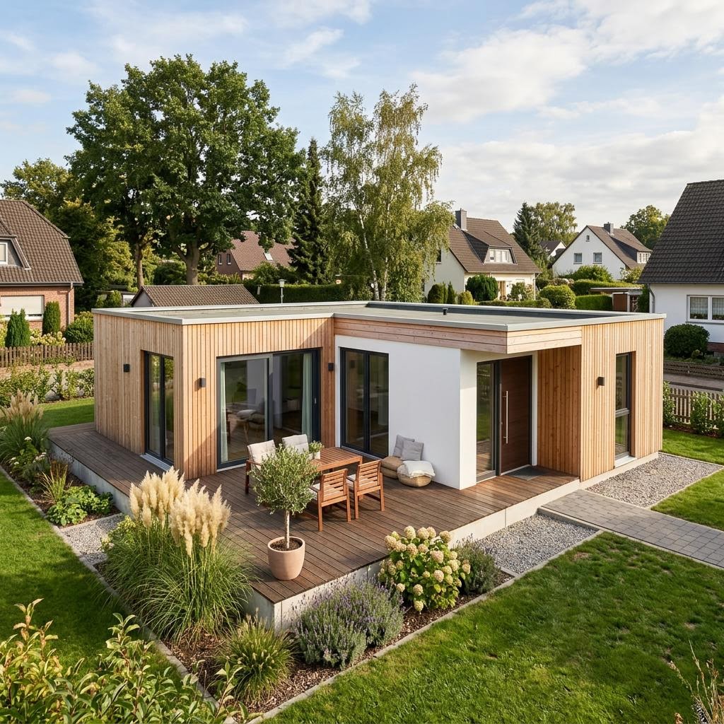 Modulhaus F 10-049.9.1 FlyingSpace von SchwörerHaus — Winkelbungalow aus zwei Wohnmodulen mit 49 m²
