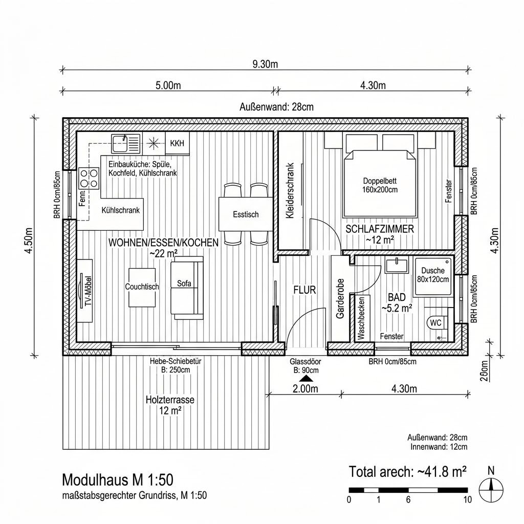 Grundriss Modulhaus Autark 42 von Wohnwagon — 42 m², 2 Zimmer