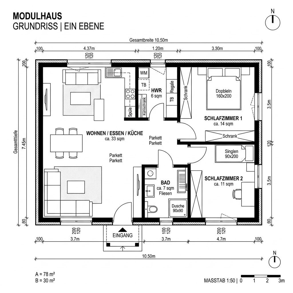 Grundriss Modulhaus Autark 78 – 78 m² Modulhaus mit 3 Zimmern