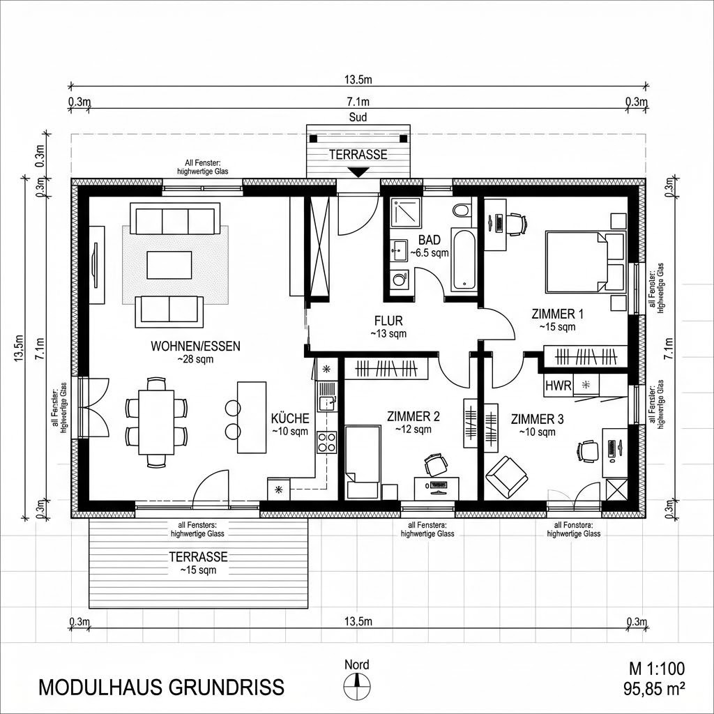 Grundriss Modulhaus Autark 96 – 96 m² Modulhaus mit 3 Zimmern