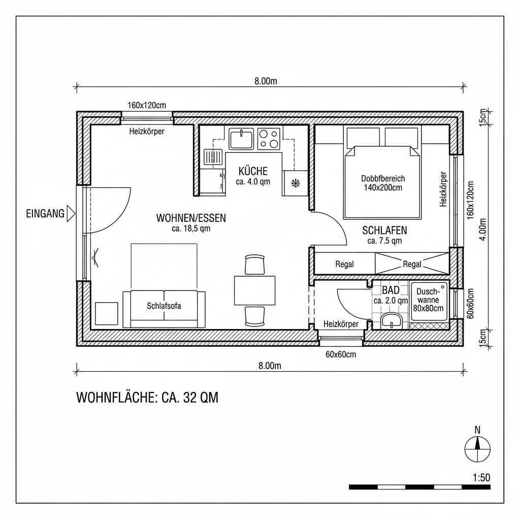 Grundriss Tiny Loft 32 – 32 m² Tiny House mit 1 Zimmern