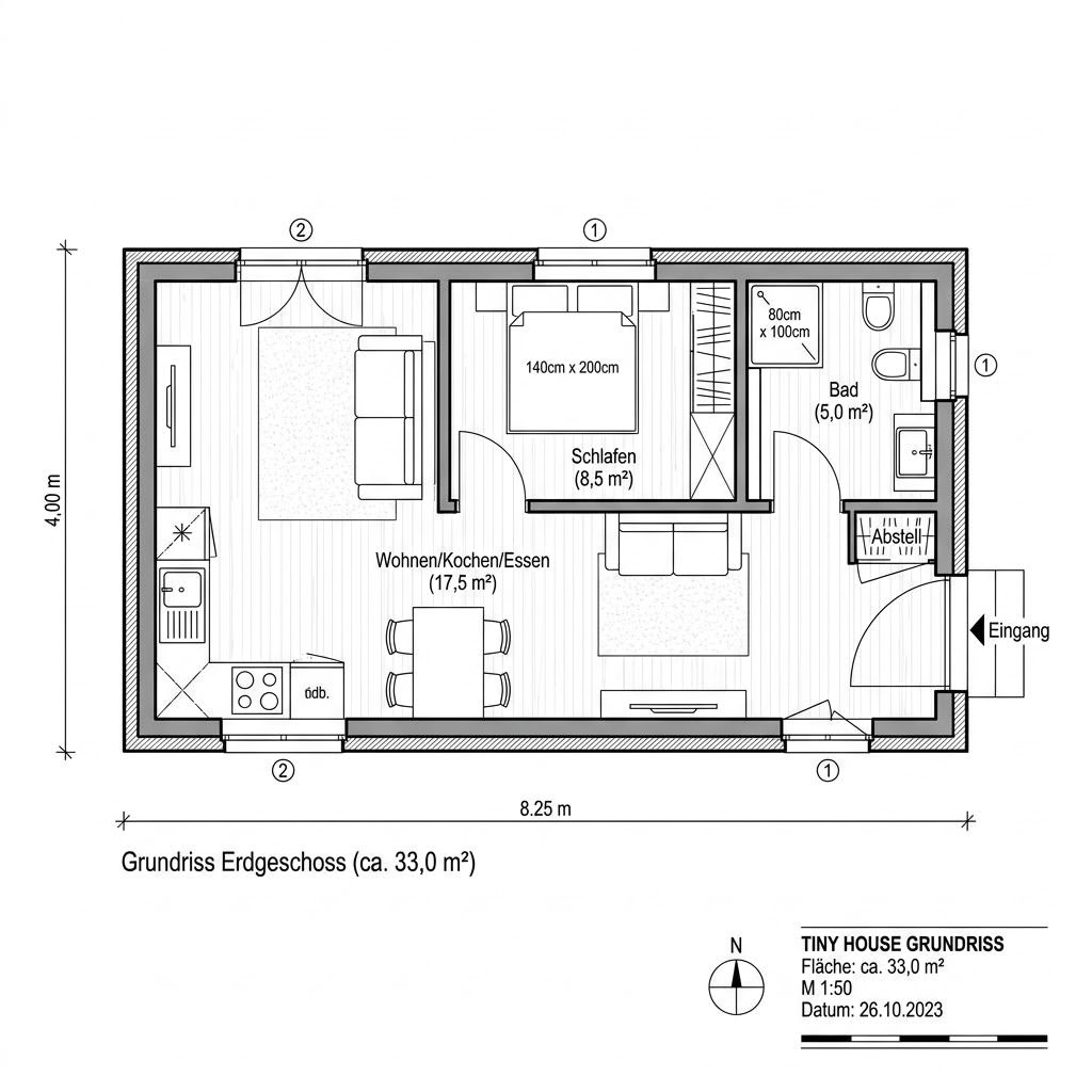 Grundriss Tiny House Cube 33 – 33 m² Tiny House mit 2 Zimmern